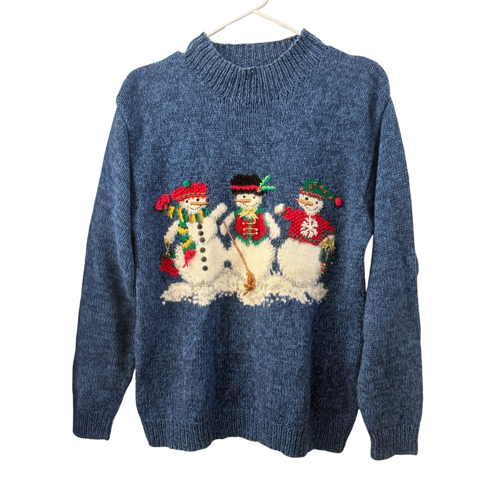 Vintage 1998 Marisa Christina Snowman Christmas Sweater Blue Mock Neck S/M Xmas